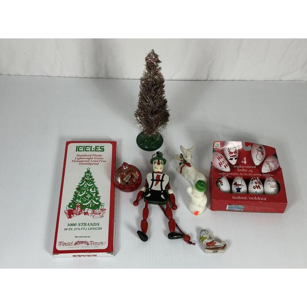 Lot 8 Vintage Christmas Tree Ornaments Pull String Puppet Snowman Icicles Lights